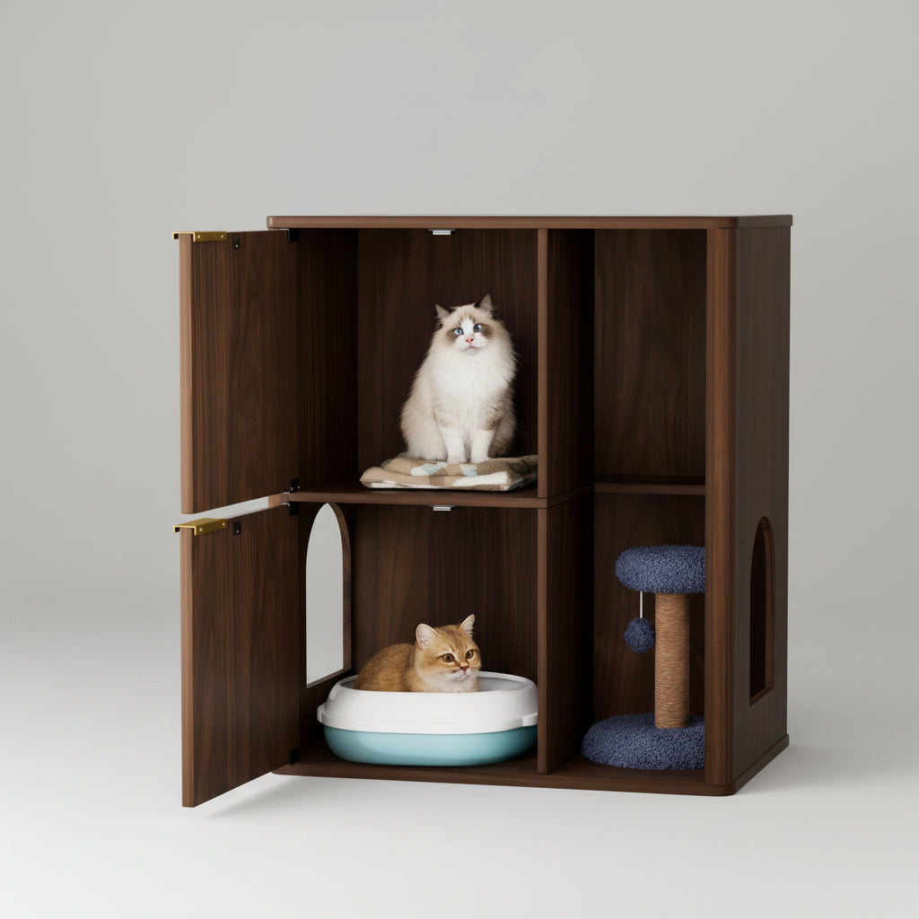 Wooden pet furniture with two cats inside, including a bed and a small house.