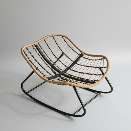 A wicker-style rocking chair with a black metal frame and rope seat, shown in a sunlit room with dimension callouts and a cushion inset. The image includes measurement lines and labels for the chair and cushion.