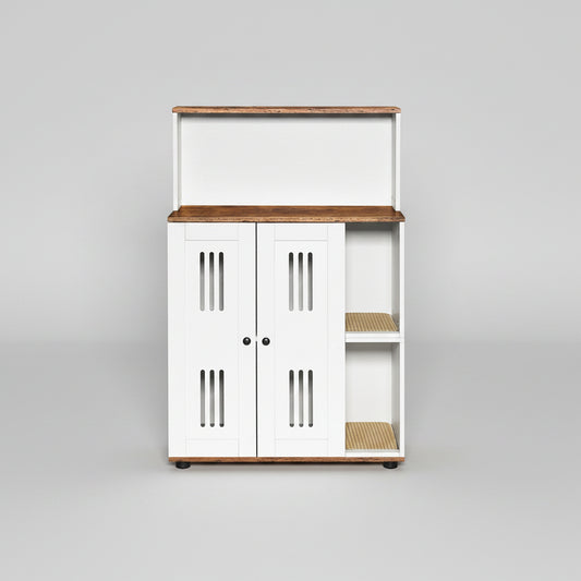 White storage cabinet with wooden top and shelves against a white wall.