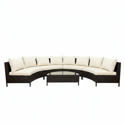 Outdoor furniture set with wicker design and white cushions, featuring durability icons on a white background.