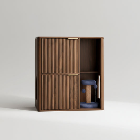 Wooden cabinet with decorative items in a living room setting