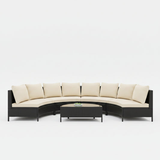 Outdoor patio furniture set with beige cushions on a patio with a modern house and palm trees in the background.