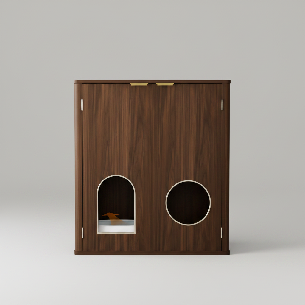 Wooden pet furniture with a cat inside, on a light wooden floor.