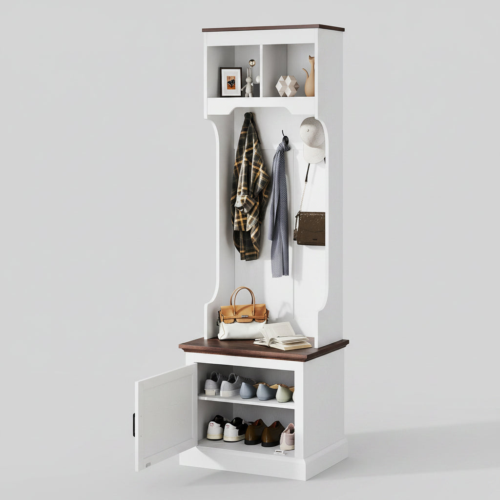 White hall tree with shoe storage, coat hooks, and plant decor in a room.