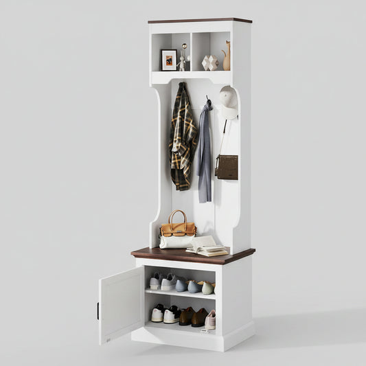 White hall tree with shoe storage, coat hooks, and plant decor in a room.