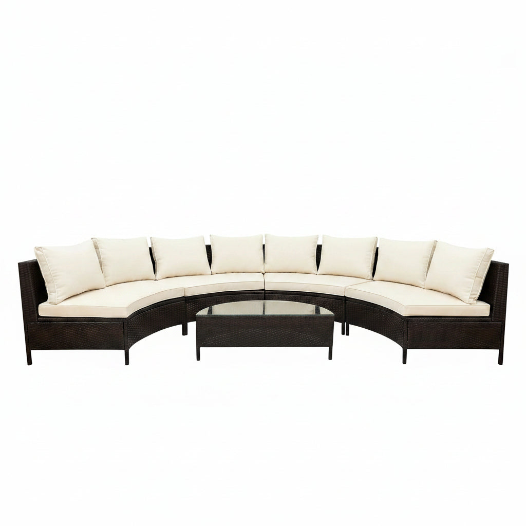 Outdoor furniture set with wicker design and white cushions, featuring durability icons on a white background.