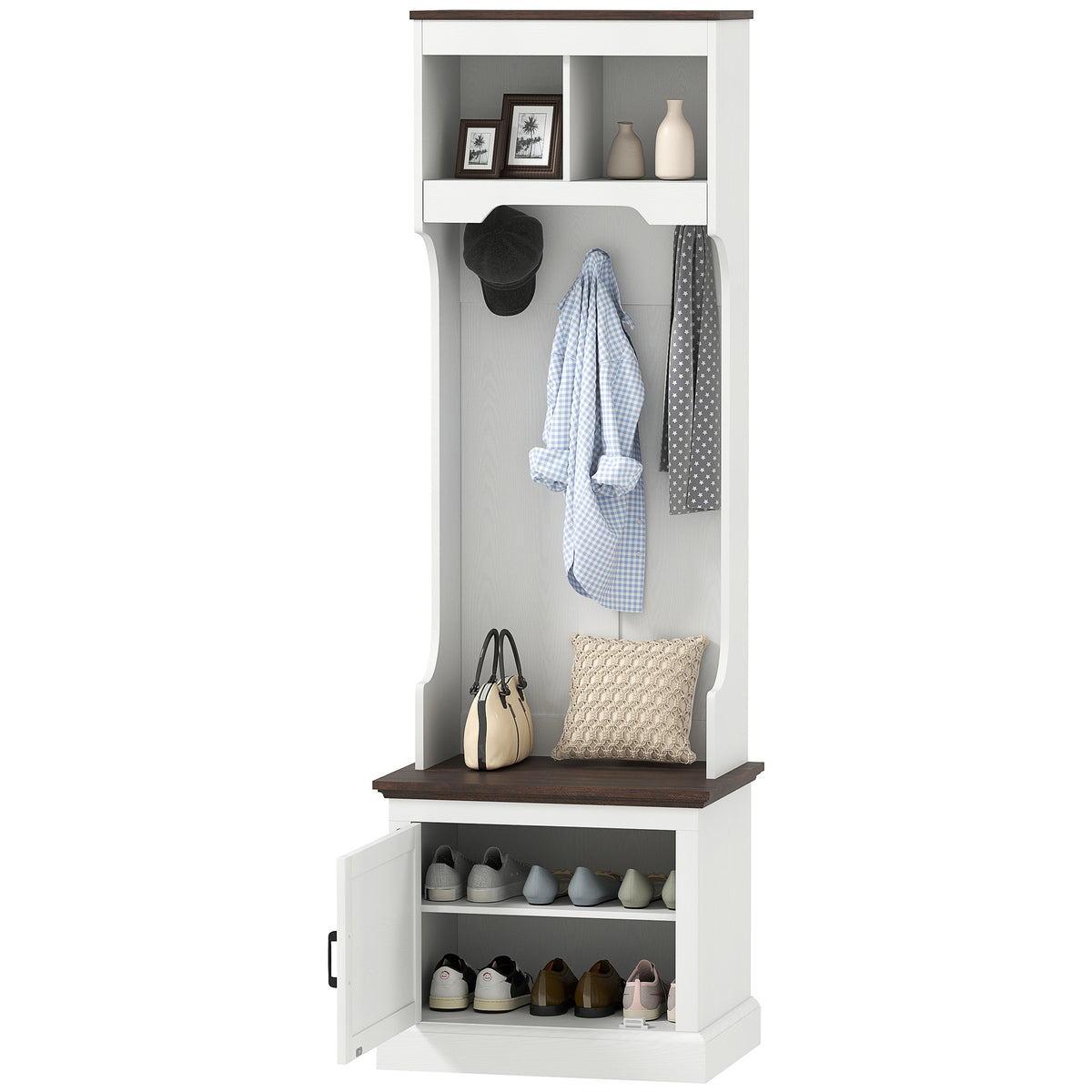 White and brown shoe cabinet with clothes and shoes on a white background