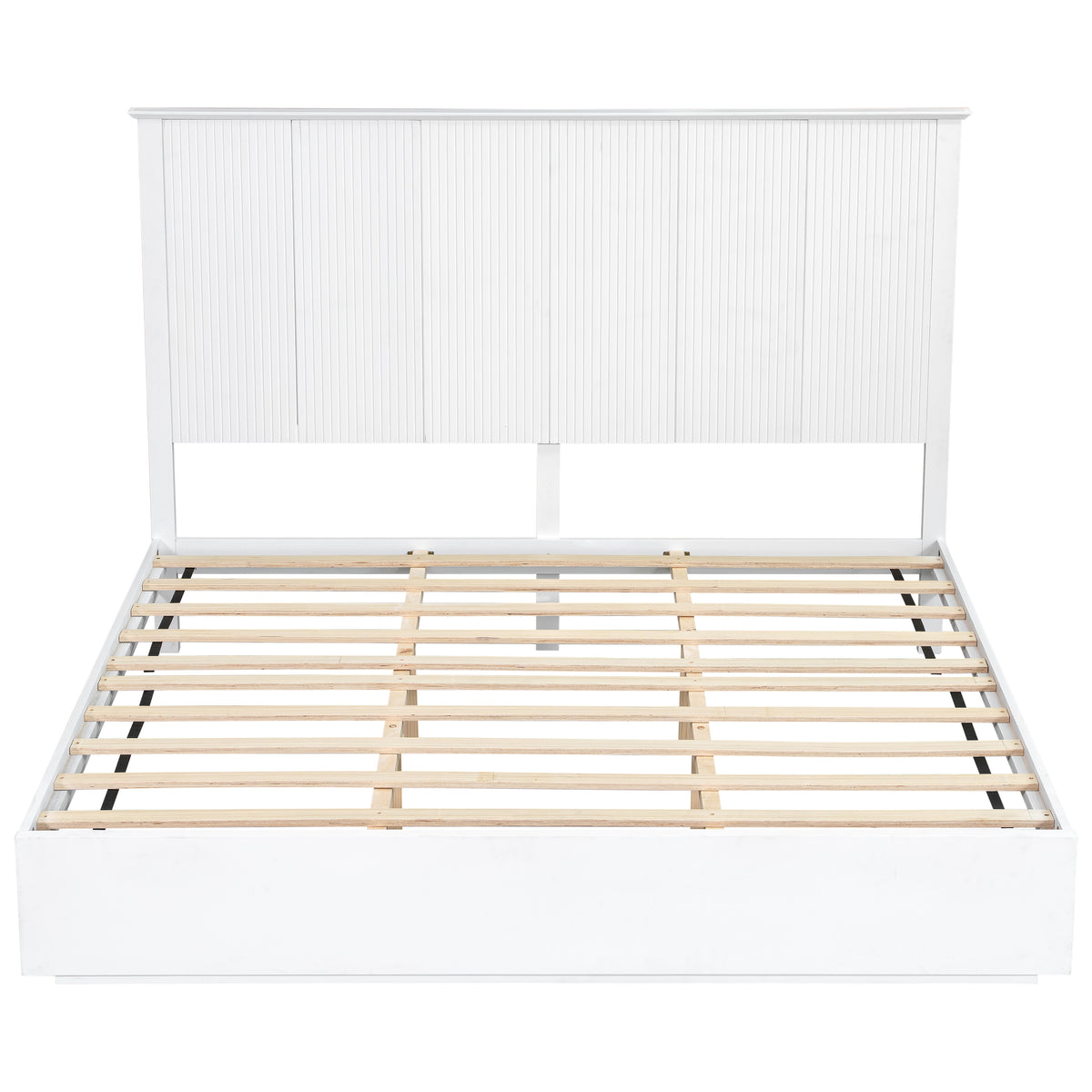 Bed frame with white headboard and wooden slats on a white background